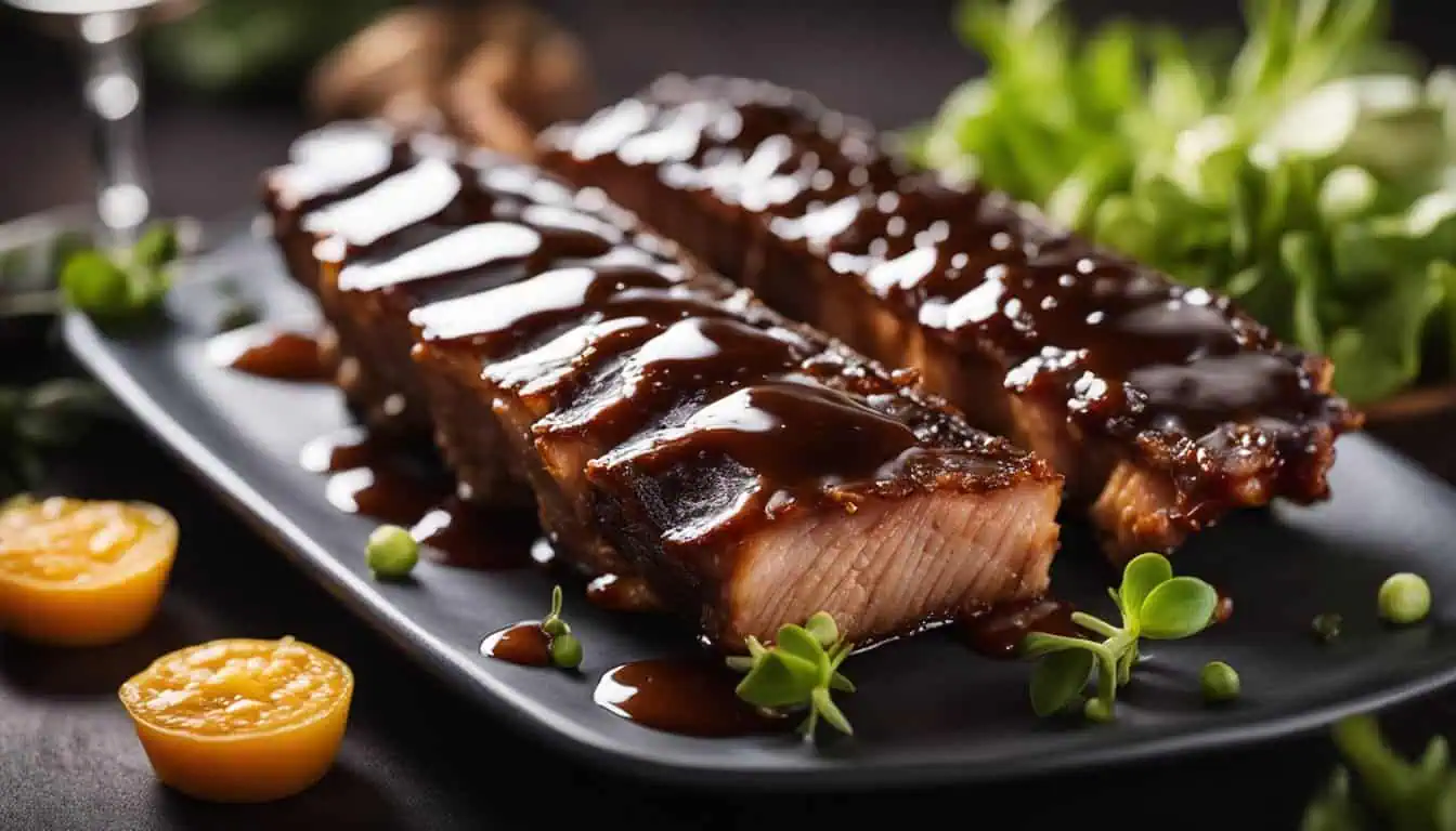 Juicy pork ribs coated in rich sauce, elegantly presented on a black plate, showcasing Singapore's top rib dining spots.