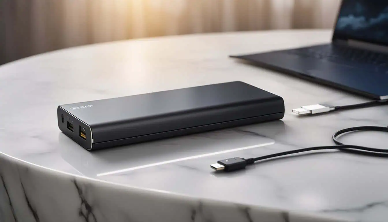 A laptop and power bank placed on a marble table, highlighting essential tech accessories for on-the-go users in Singapore.