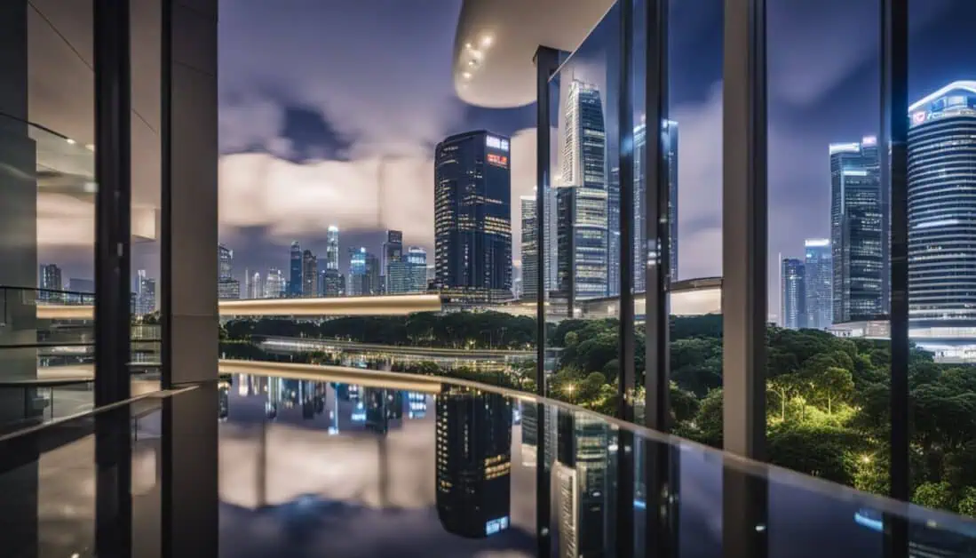 A panoramic view of Singapore's skyline from within a modern glass building, highlighting prime property locations.