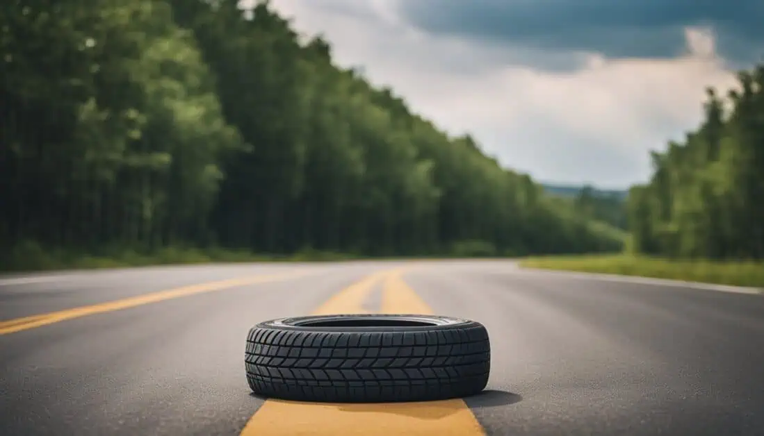 A tire rests on a road, with a lush forest backdrop, highlighting quality tire options available in Singapore.