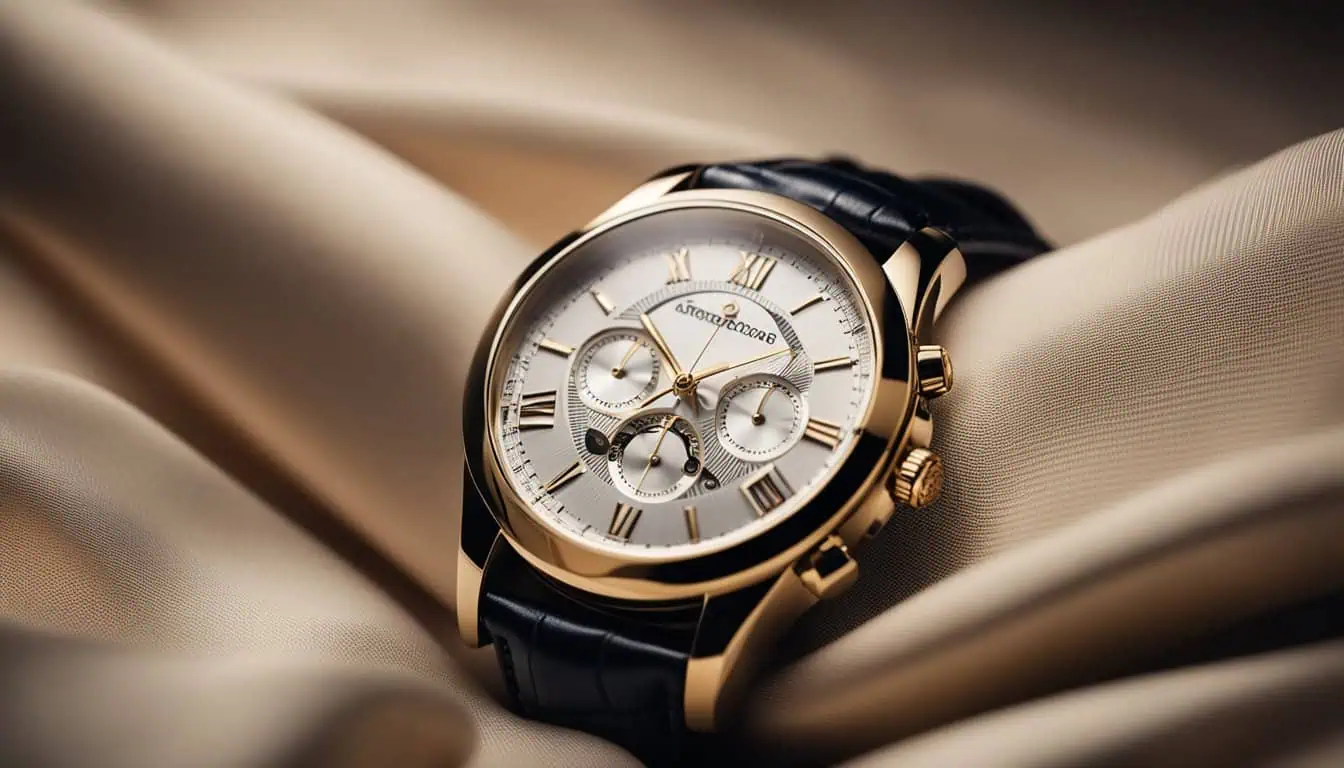 A luxurious gold watch resting on beige fabric, symbolizing quality craftsmanship available in Singapore's watch shops.
