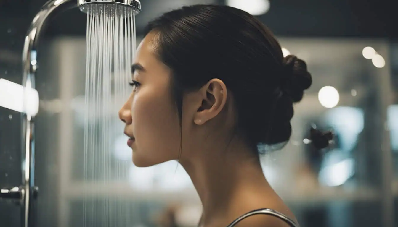 A woman stands under a rain shower head, enjoying a refreshing shower experience in a modern bathroom setting.