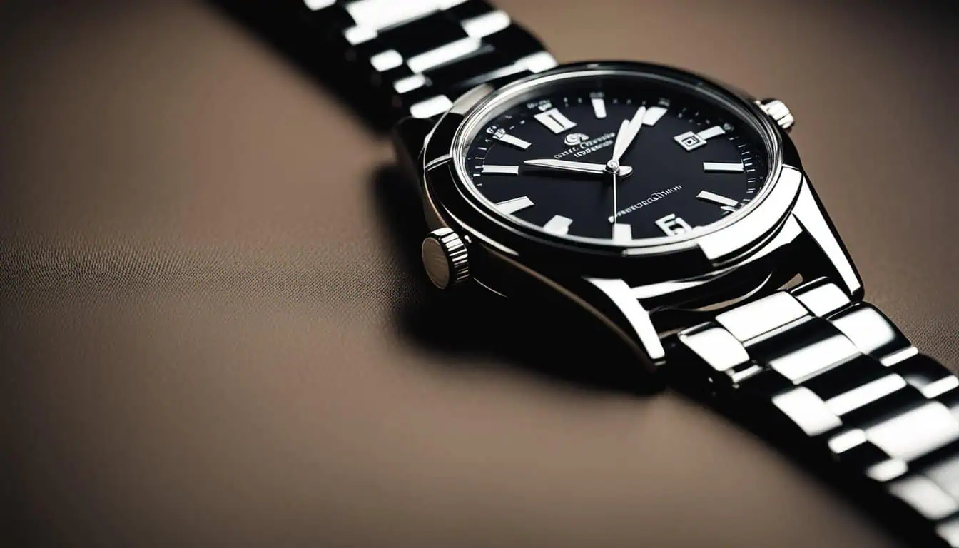 A sophisticated black and silver watch resting on a brown surface, showcasing its exquisite craftsmanship and style.