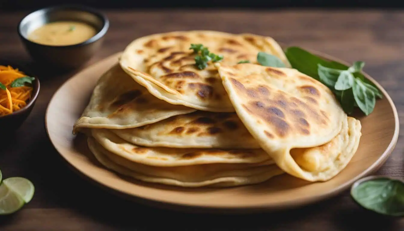 Indian flatbreads arranged on a wooden table, showcasing the vibrant food culture of Singapore's best roti prata spots.