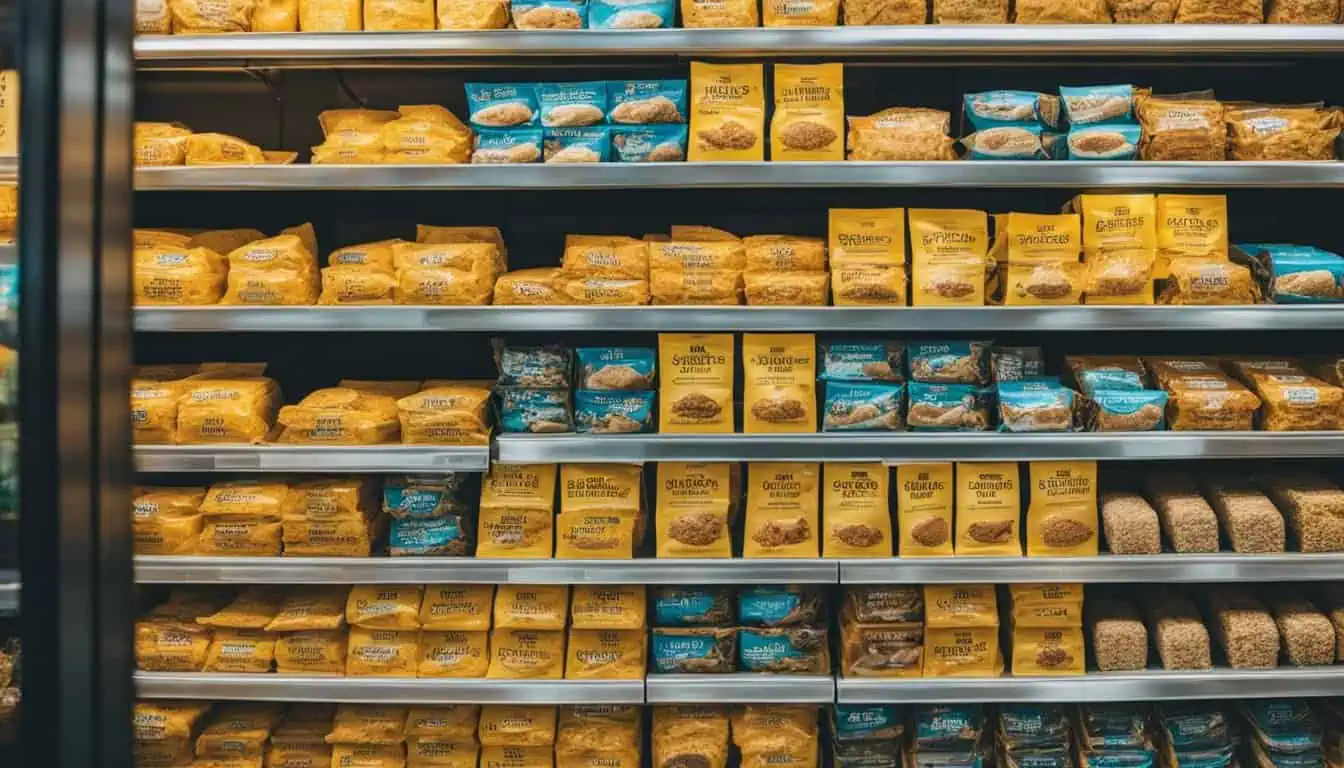 A well-stocked grocery shelf featuring an array of food products, including salted egg fish skin, a local favorite in Singapore.