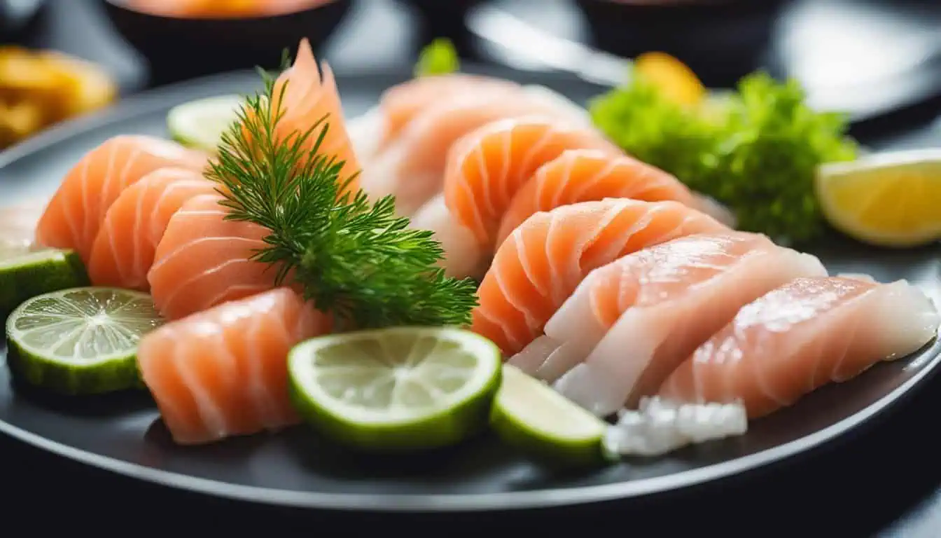 Sliced salmon on a plate garnished with lime slices, showcasing a fresh sashimi dish in Singapore's culinary scene.