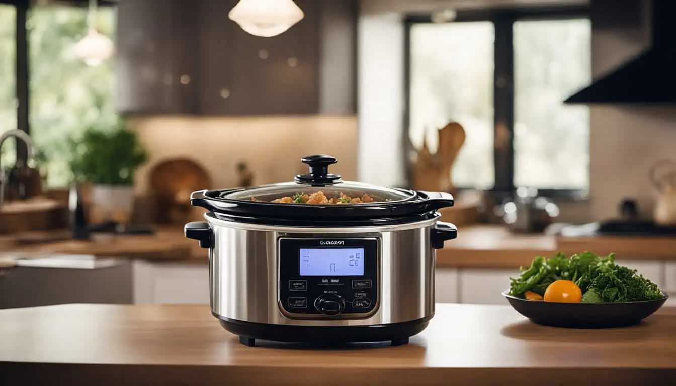 A slow cooker placed on a kitchen counter, showcasing its sleek design and functionality for meal preparation.