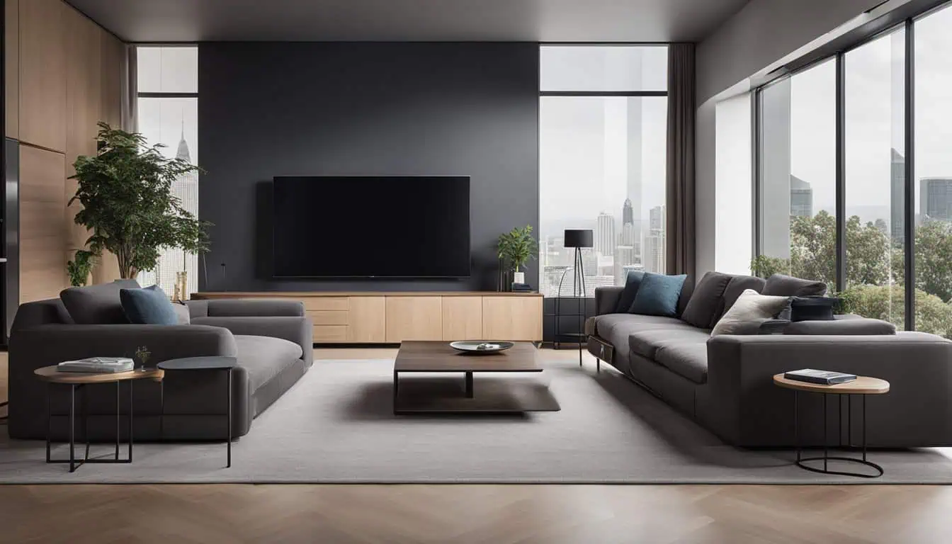 Modern living room featuring grey furniture and large windows, ideal for showcasing smart TVs in Singapore.