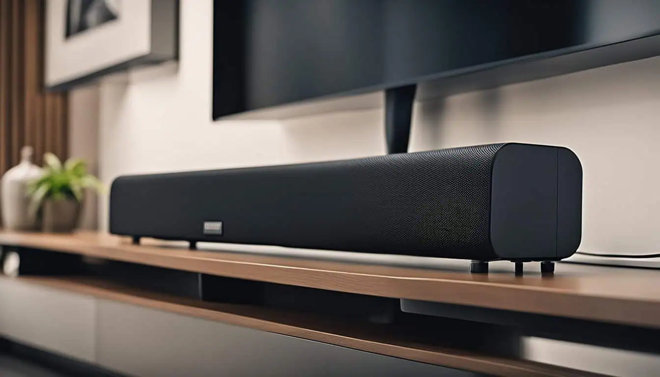 A sound bar positioned on a shelf, enhancing audio in front of a television, ideal for home entertainment setups.