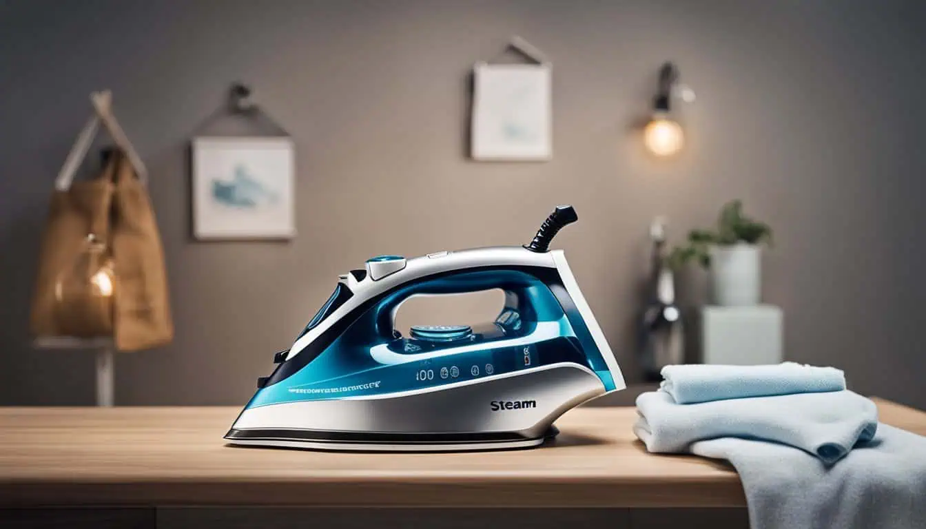 A well-arranged steam iron on a table accompanied by towels and a gentle light, ideal for a neat ironing space.
