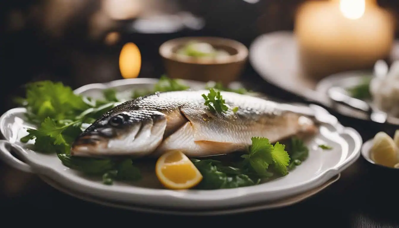 A plate featuring a beautifully presented fish garnished with fresh herbs, highlighting Singapore's best steamed fish spots.