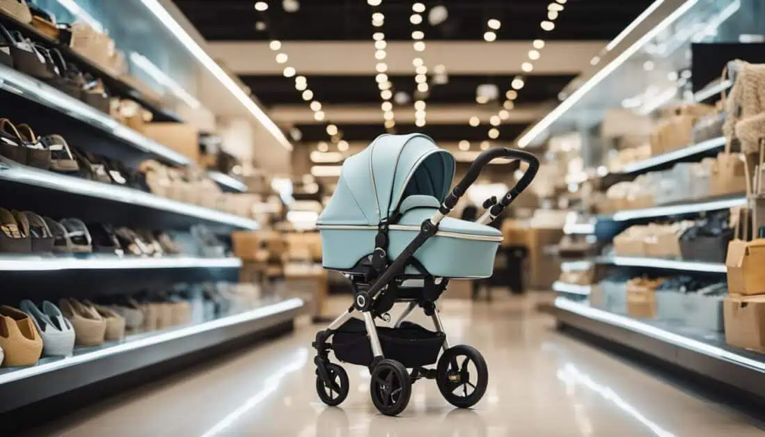 A blue stroller positioned in a store aisle, highlighting choices for parents in Singapore's stroller market.