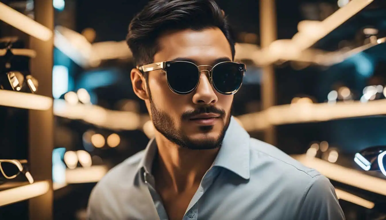 A man wearing sunglasses inside a store, showcasing stylish eyewear options in Singapore's best shopping locations.
