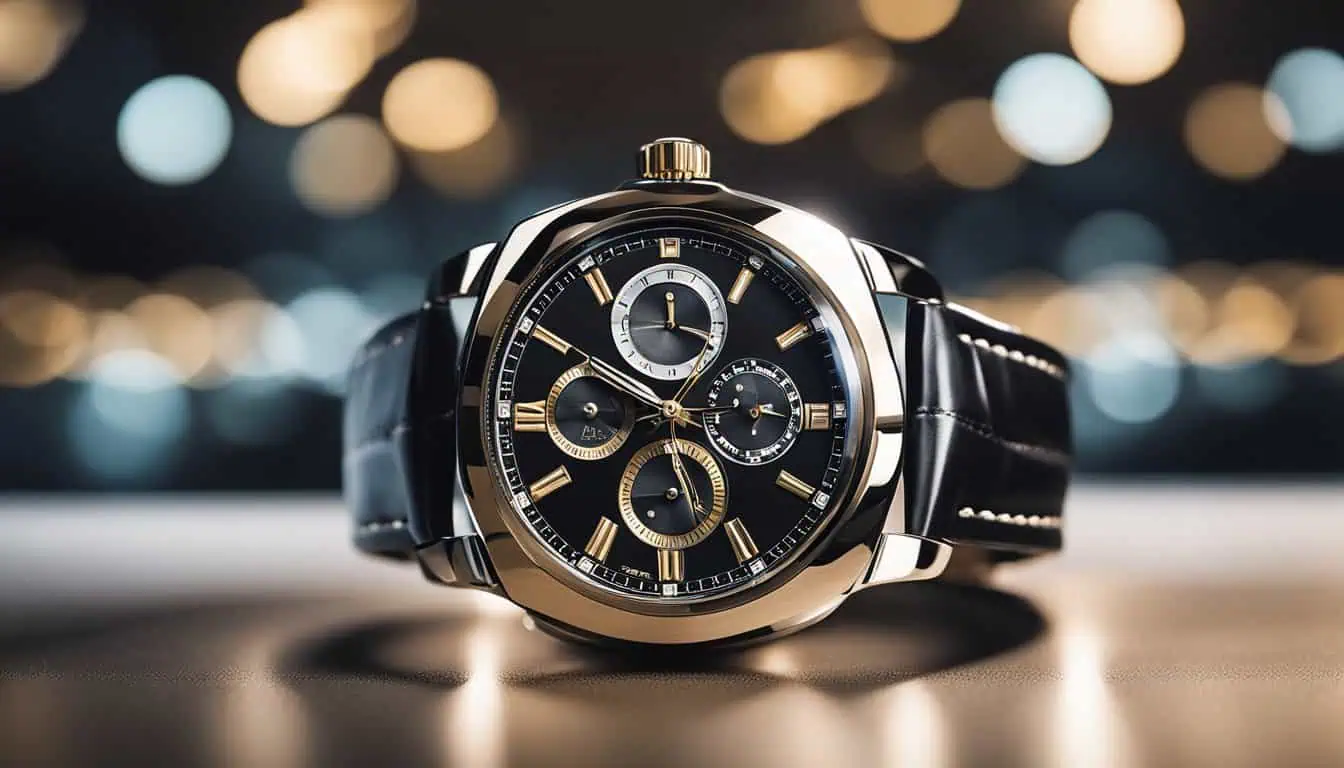 A luxurious gold watch rests on a table, with ambient lights in the background, highlighting its exquisite design.