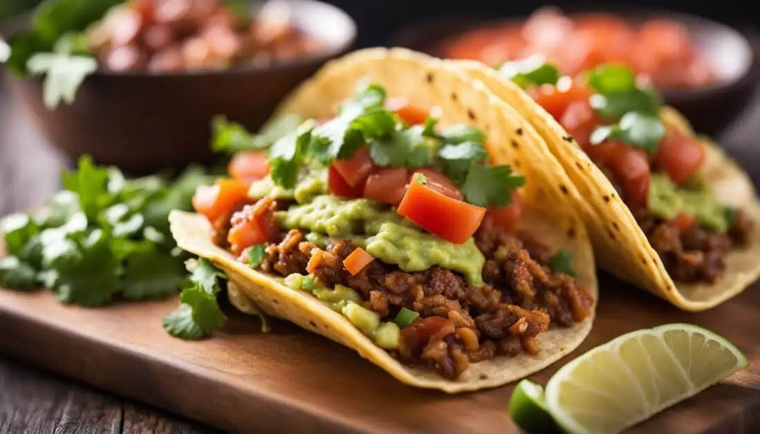 A wooden cutting board displays delicious Mexican tacos filled with meat and fresh vegetables, highlighting Singapore's taco scene.