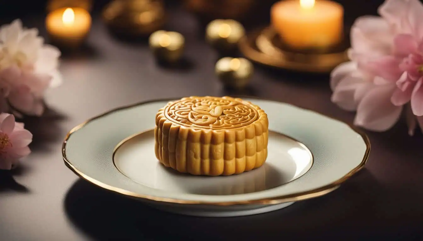 A moon cake on a decorative plate surrounded by candles and flowers, symbolizing the Mid-Autumn Festival in Singapore.