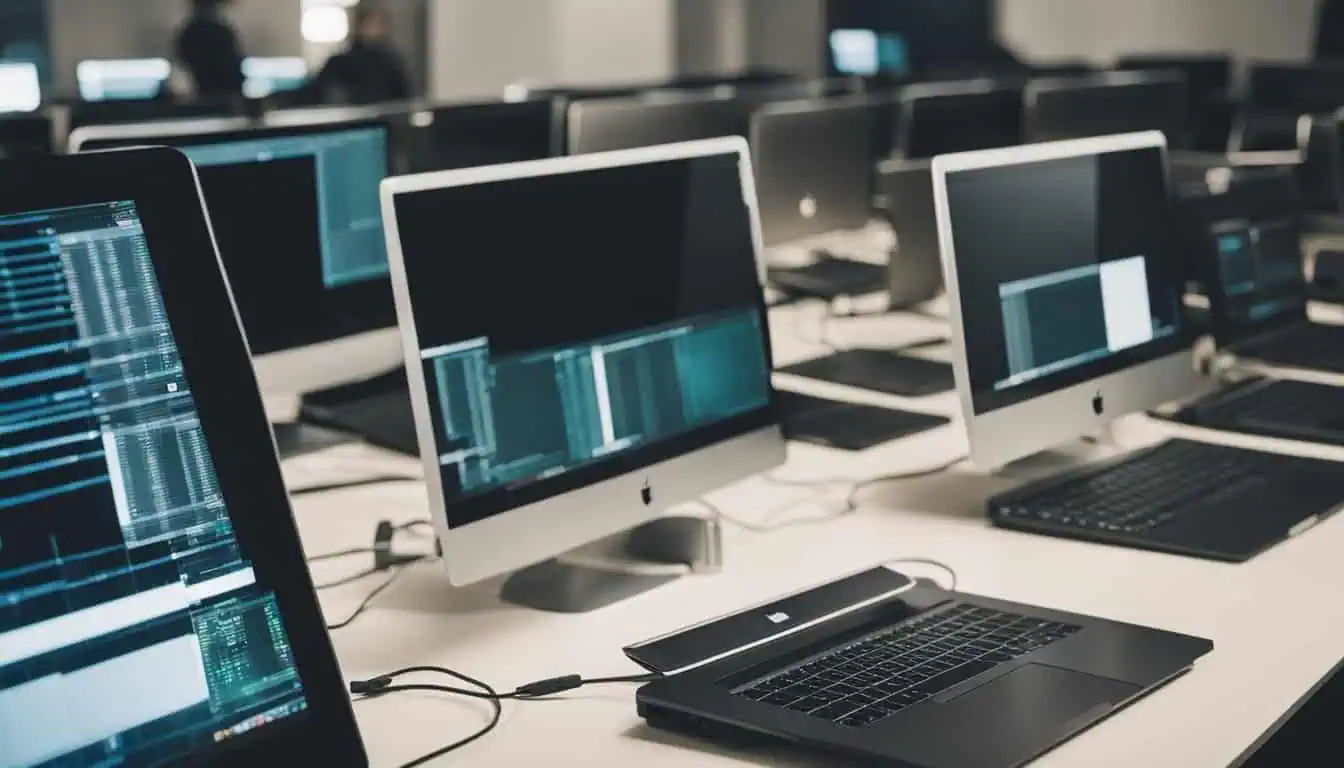 A desk displaying multiple computer monitors, highlighting options for purchasing used Macs in Singapore.