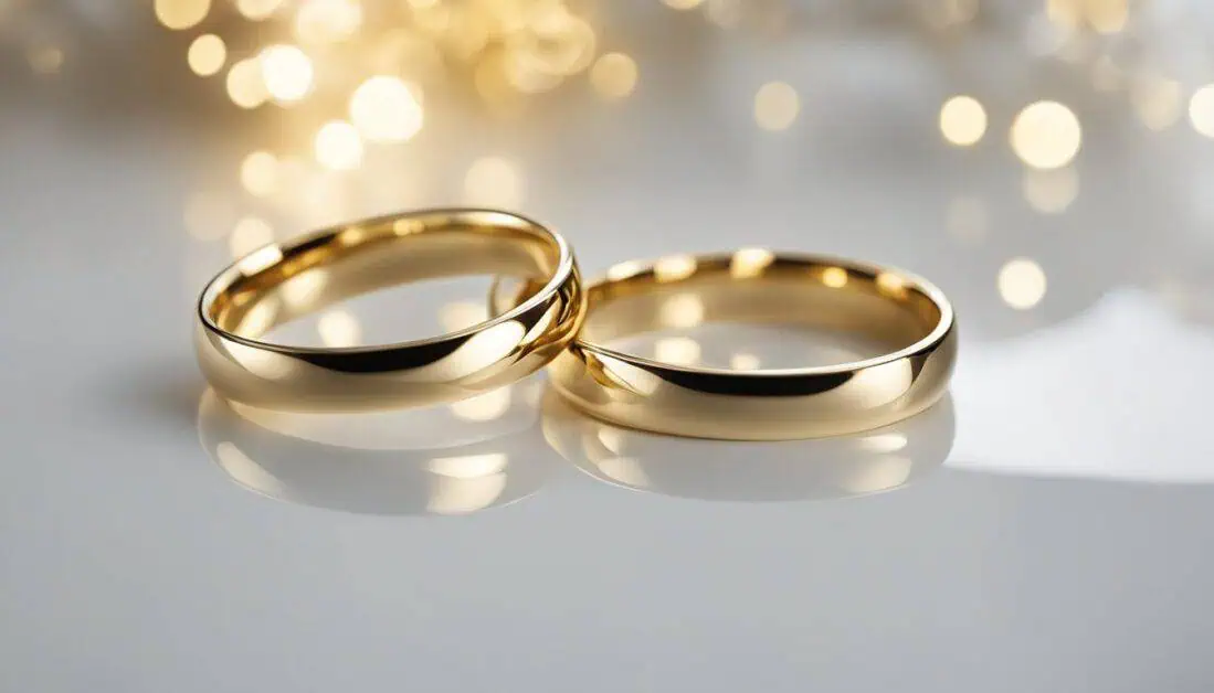Two gold wedding bands on a clean white surface, embodying the essence of love and partnership in marriage.