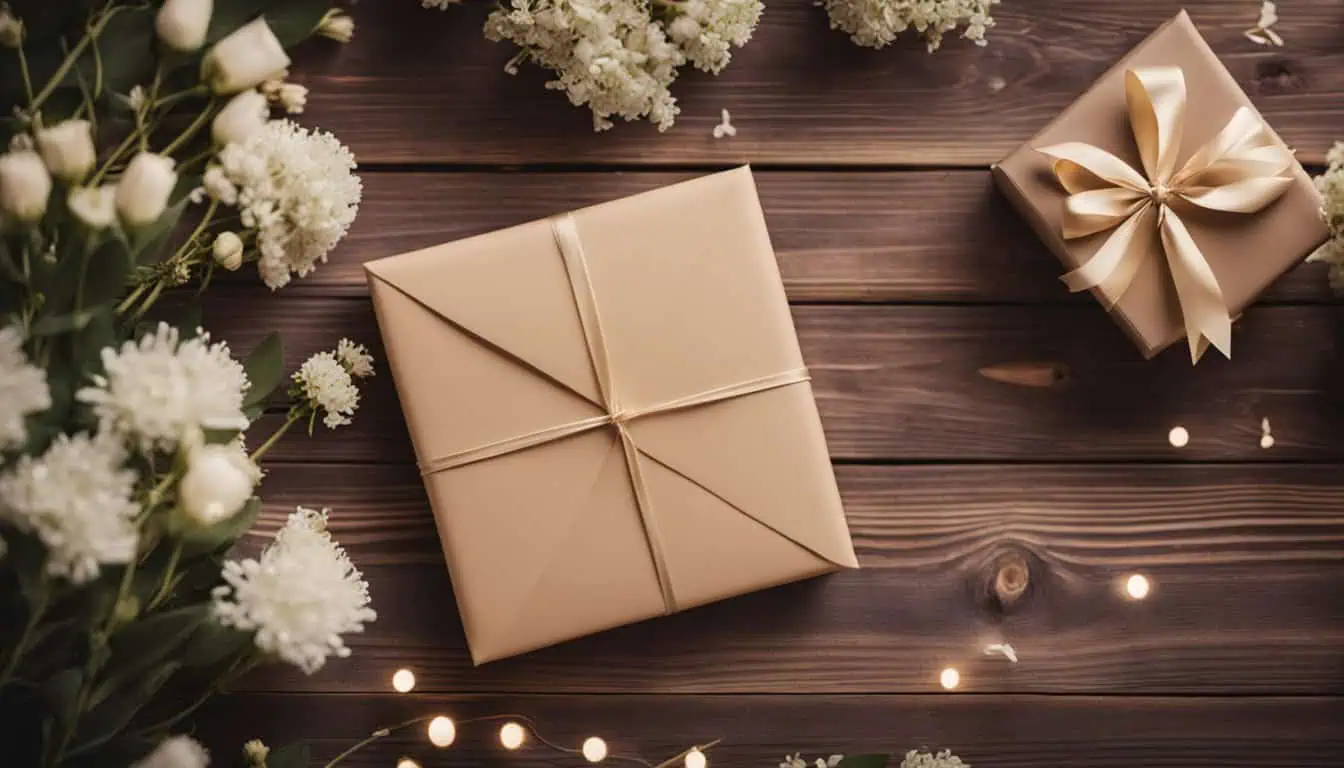 Elegant gift boxes accompanied by fresh flowers, set against a charming wooden backdrop, ideal for wedding gifts in Singapore.