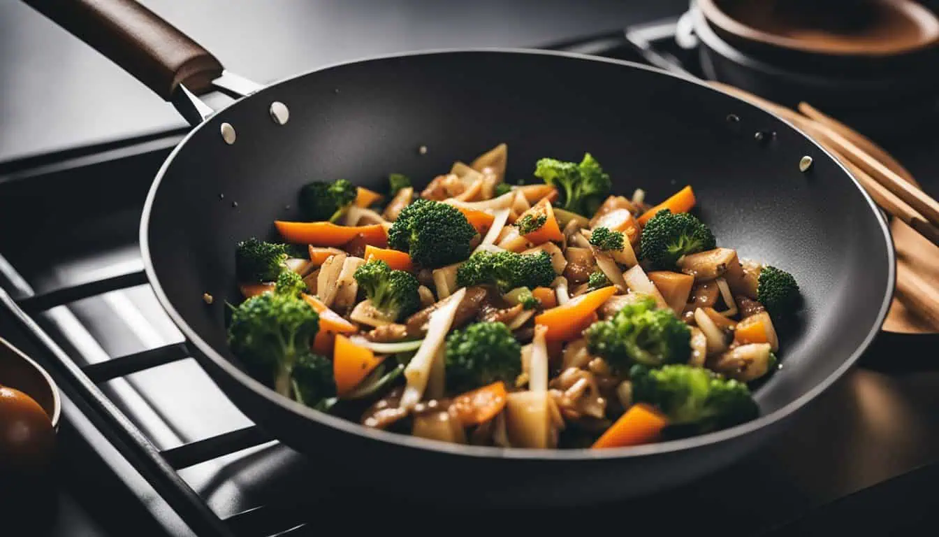 A vibrant wok filled with a colorful assortment of vegetables and tender meat, showcasing a delicious stir-fry dish.