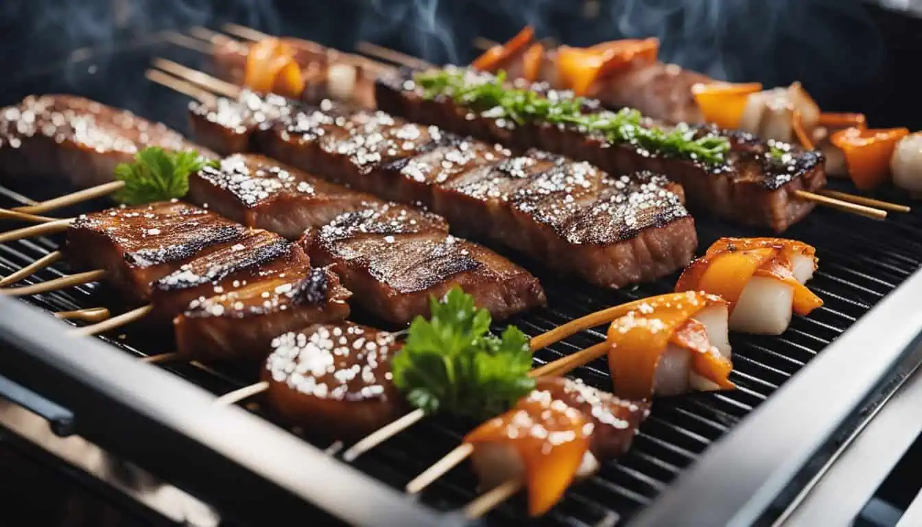 Grilled meat skewers sizzling on a grill, showcasing the delicious offerings of Yakiniku in Singapore.