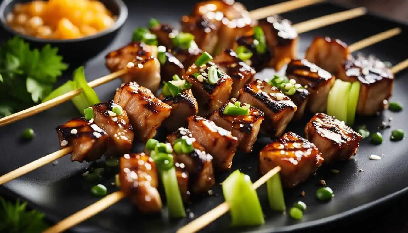 Chicken skewers served on a black plate, accompanied by a rich sauce, highlighting Singapore's best yakitori spots.