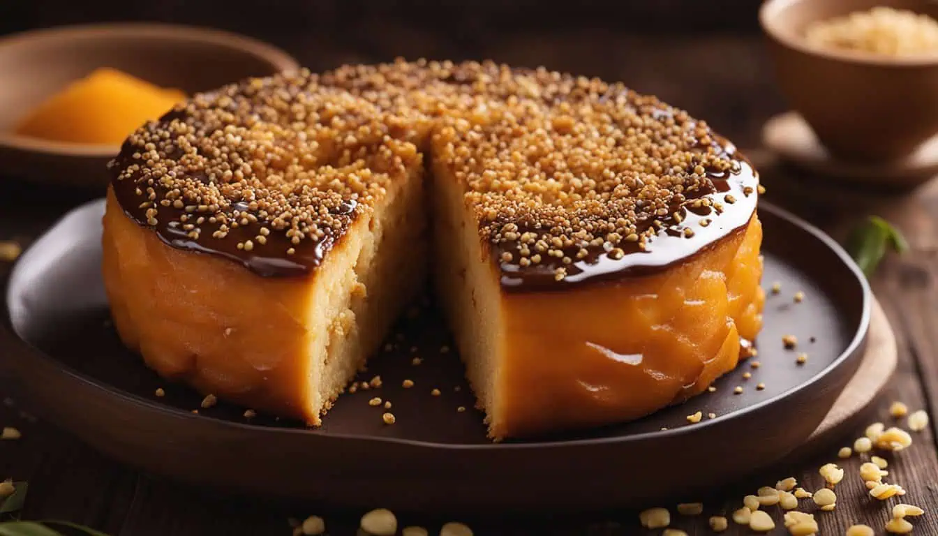 A delicious yam cake with a slice removed, showcasing its moist texture and vibrant color, perfect for dessert lovers in Singapore.