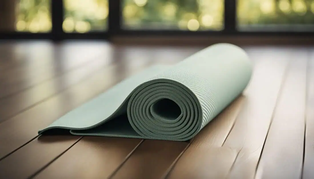 A yoga mat placed on a polished wooden floor, ideal for practicing yoga in Singapore's best locations.