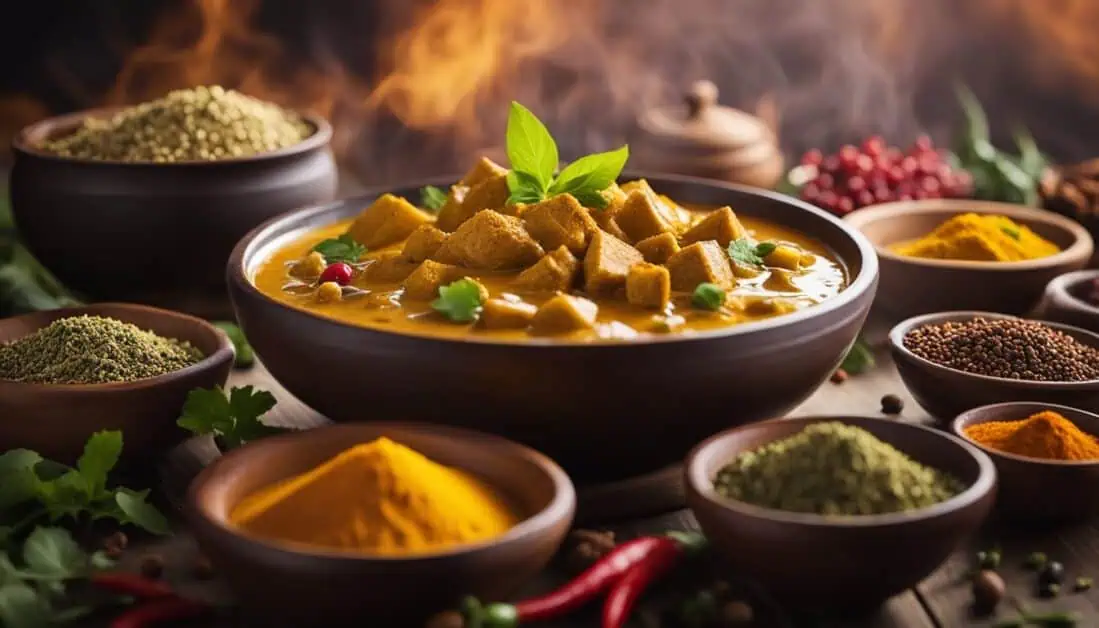 A vibrant Indian curry with spices displayed on a wooden table, highlighting the culinary delights of Little India, Singapore.