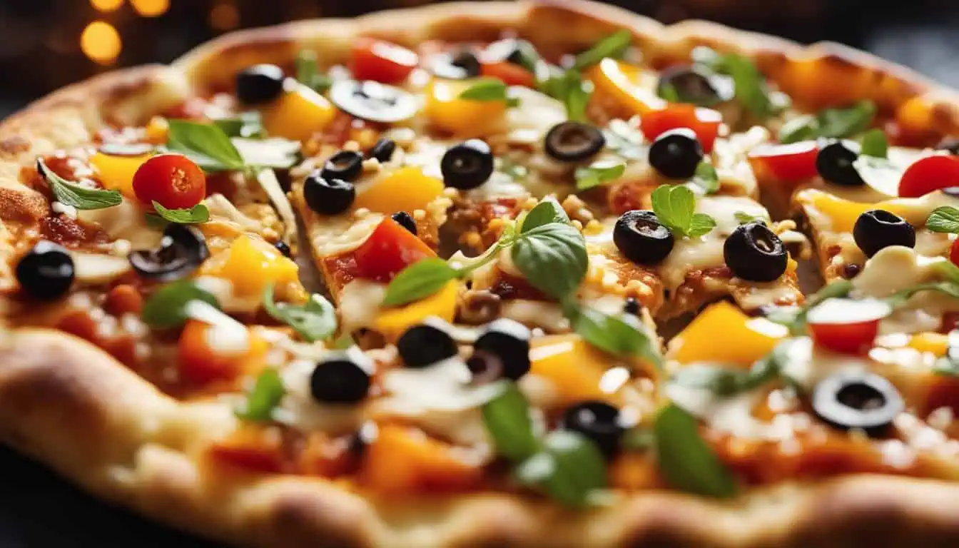 A delicious pizza topped with olives, peppers, and cheese, showcasing the best pizza options in Singapore.