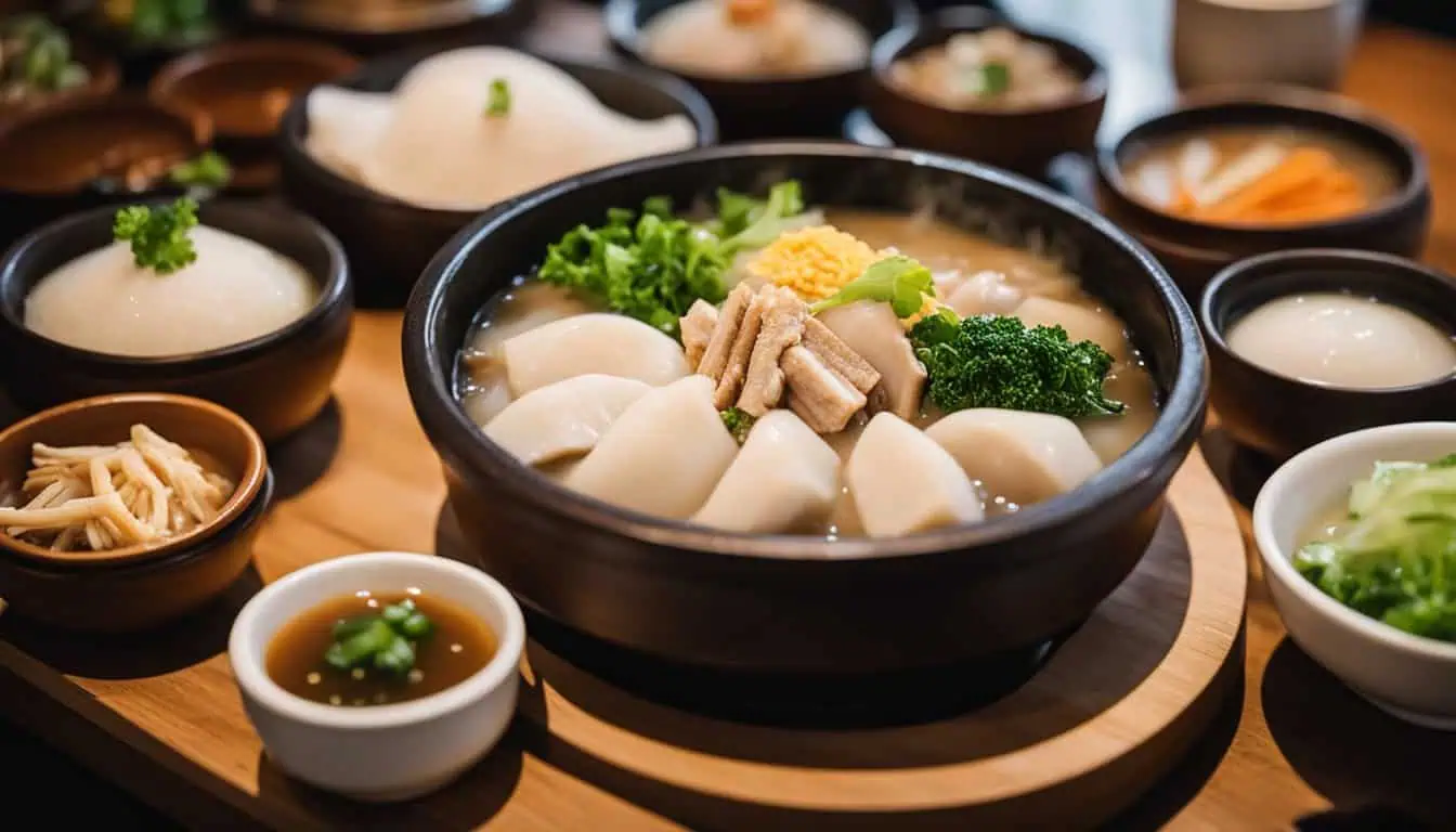 A bowl of samgyetang featuring tender meat and fresh vegetables, showcasing a popular dish in Singapore's dining scene.