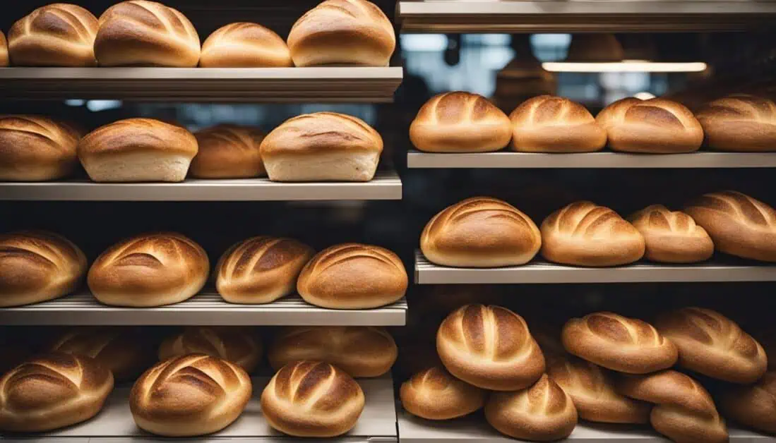 Breads displayed on shelves in a bakery, showcasing a variety of artisanal sourdough options in Singapore.
