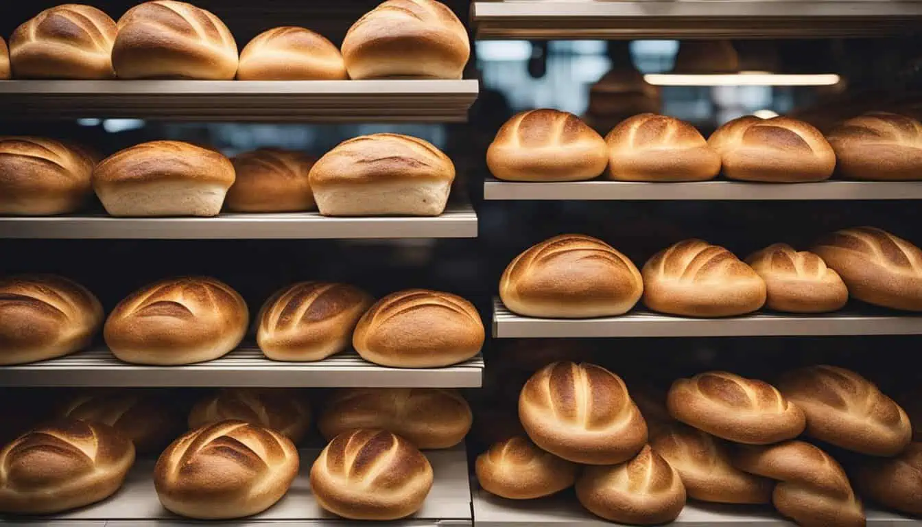 Breads displayed on shelves in a bakery, showcasing a variety of artisanal sourdough options in Singapore.