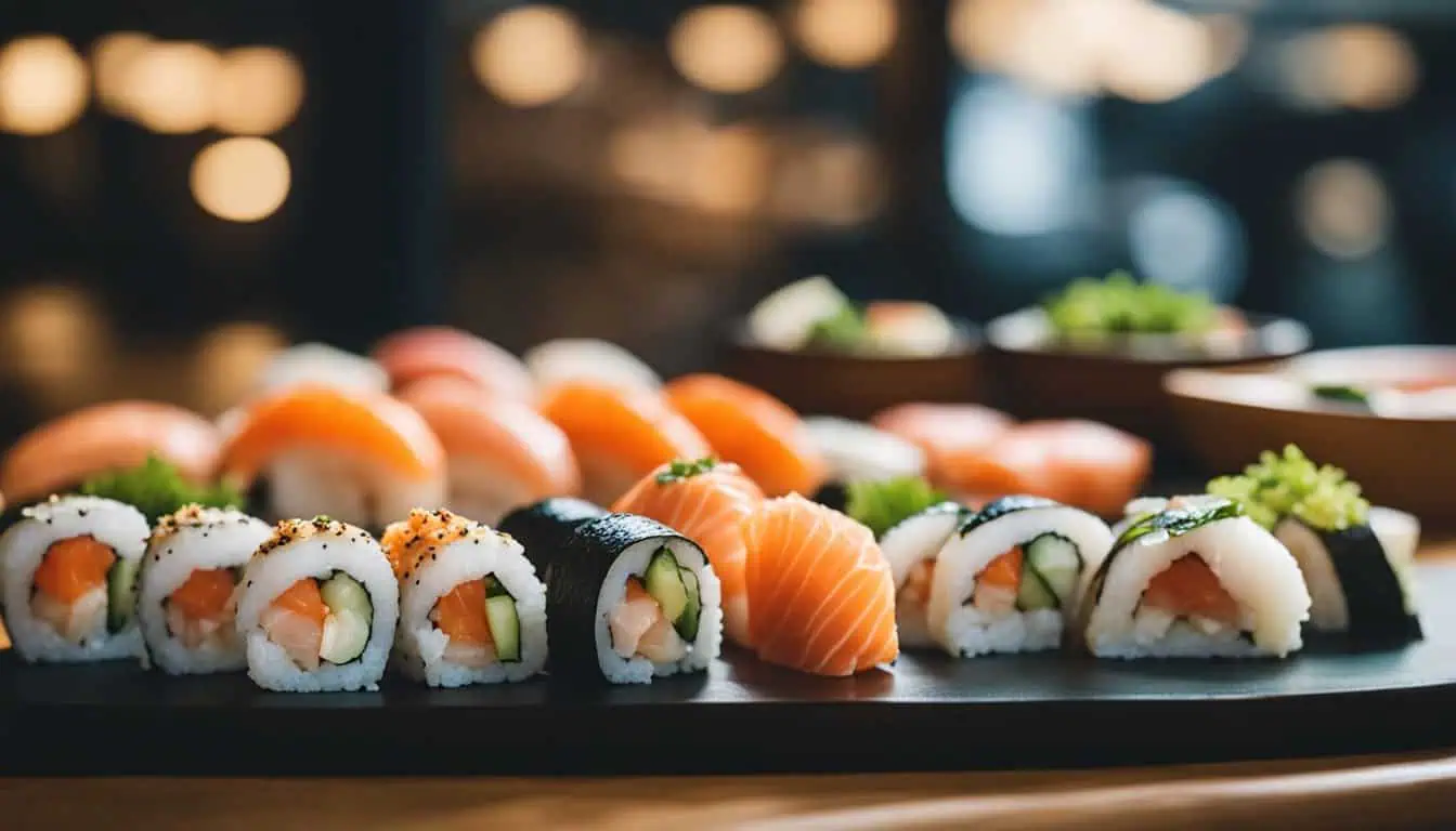 Sushi arranged on a wooden tray, showcasing vibrant colors, with a softly blurred background highlighting dining ambiance.