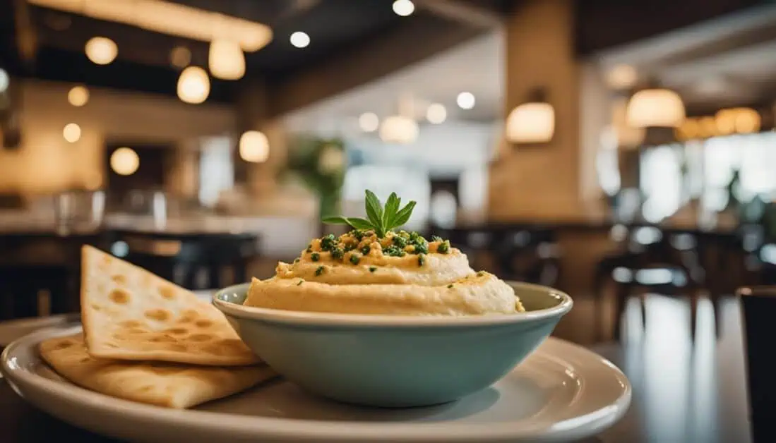 A bowl of creamy hummus dip accompanied by warm pita bread, showcasing a delightful culinary experience in Singapore.