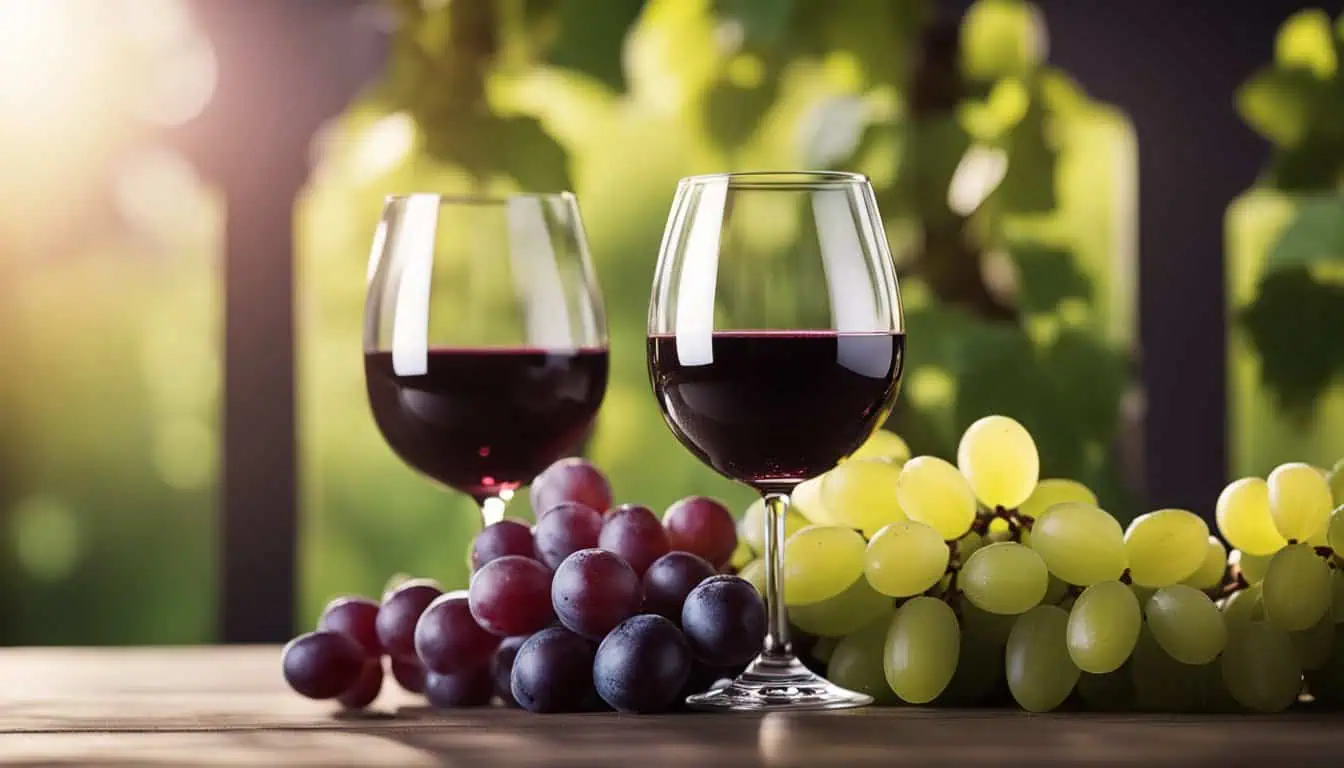 Two glasses of red wine beside fresh grapes on a rustic wooden table, highlighting the elegance of wine culture in Singapore.