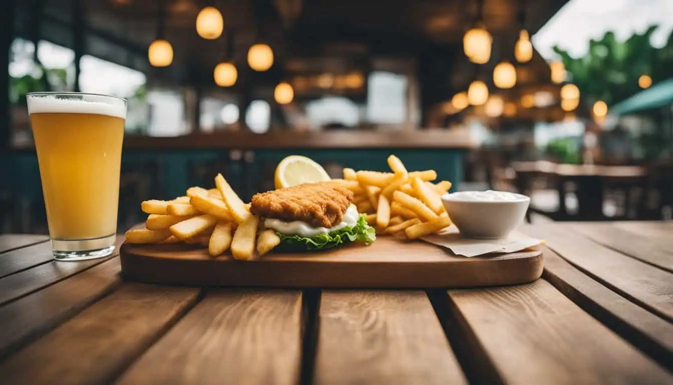 An appetizing fish and chips platter with a chilled beer, set on a wooden table, showcasing Singapore's culinary delights.