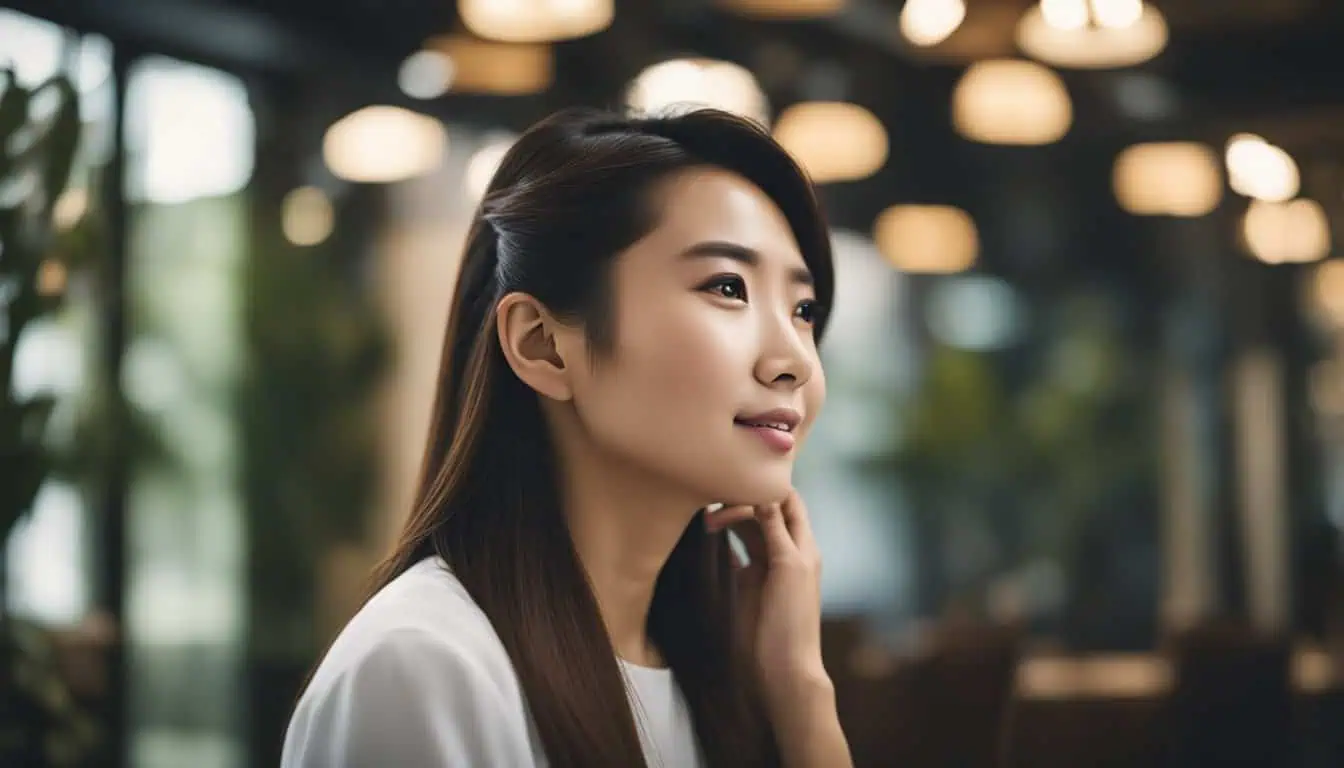 A woman gazes thoughtfully to the side, showcasing her healthy hair, ideal for promoting hair treatment services in Singapore.
