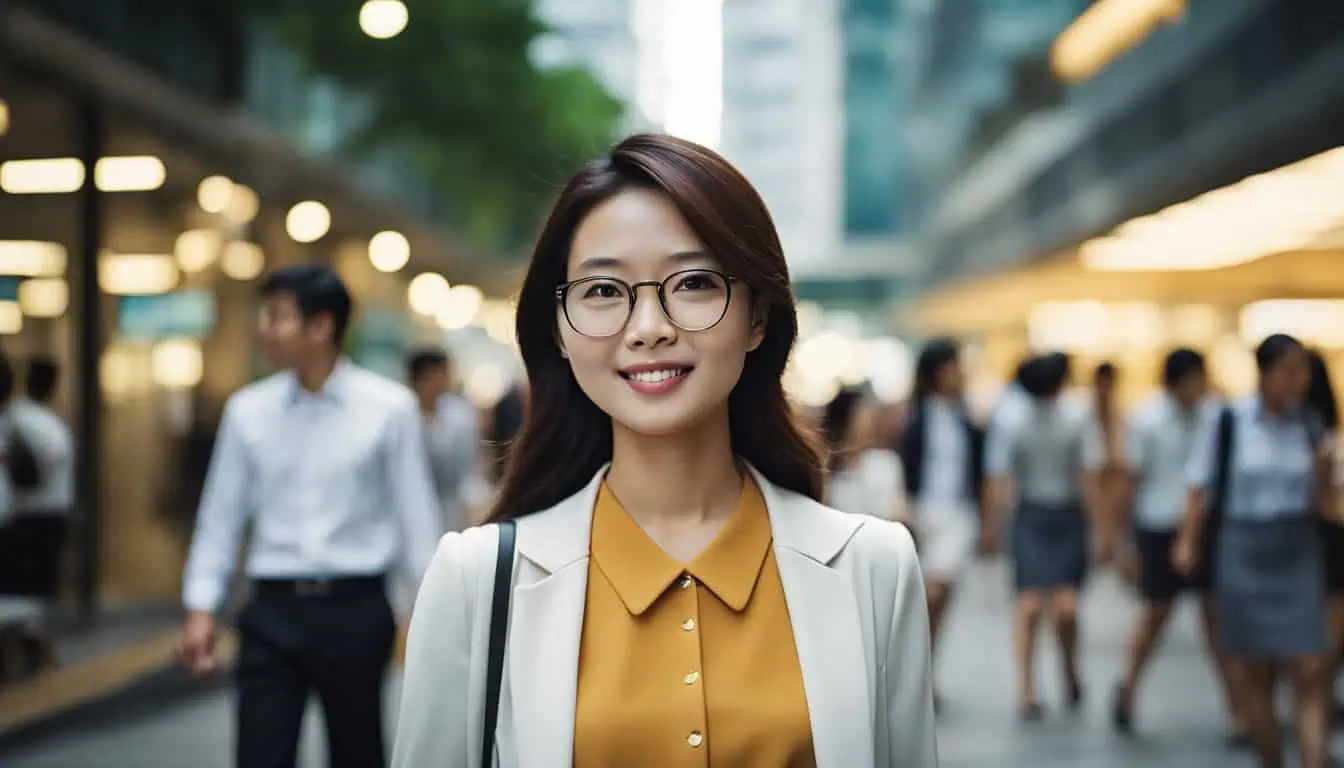 Asian businesswoman smiling confidently in a vibrant Singapore cityscape, representing job opportunities and professional growth.