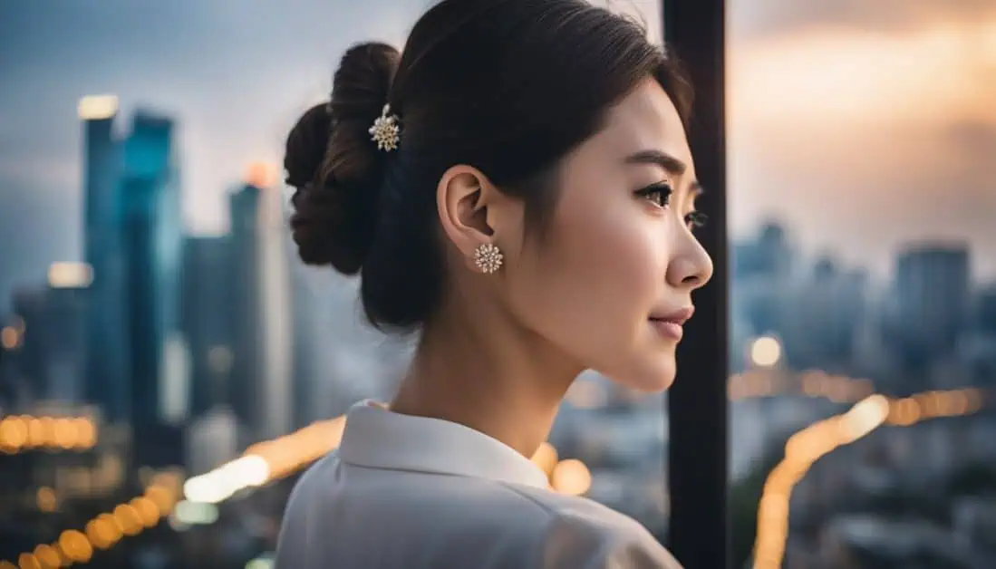 A lovely Asian woman observes the cityscape from her window, reflecting on the top lash extension salons in Singapore.