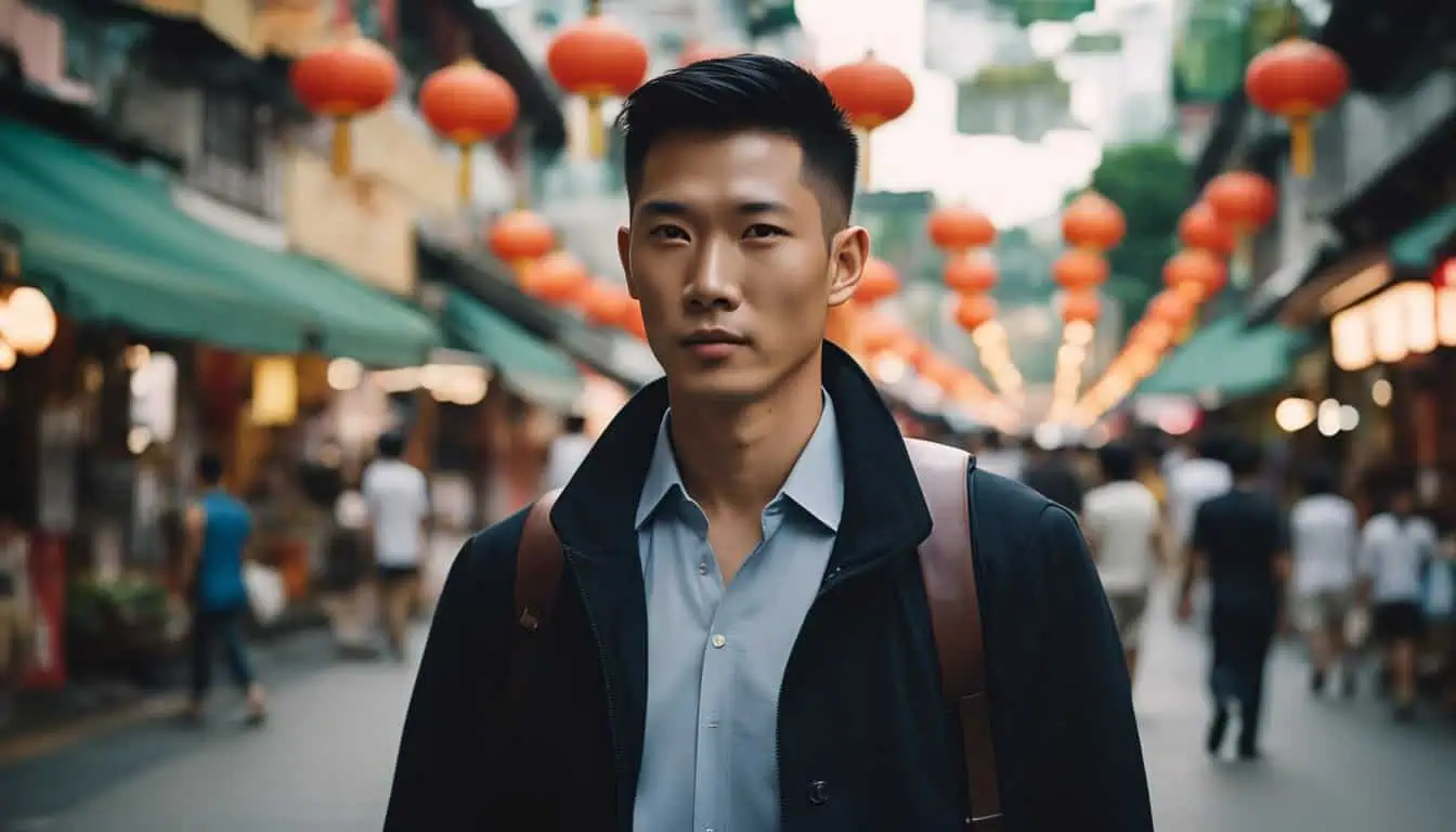 A man in a black jacket stands in a busy street, highlighting the dynamic scene of Singapore's top men's haircut services.