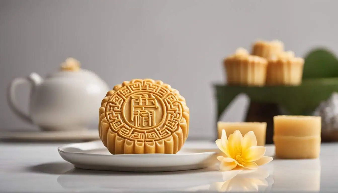 A moon cake on a plate beside a cup of tea, highlighting the culinary delights of Singapore's mooncake offerings.