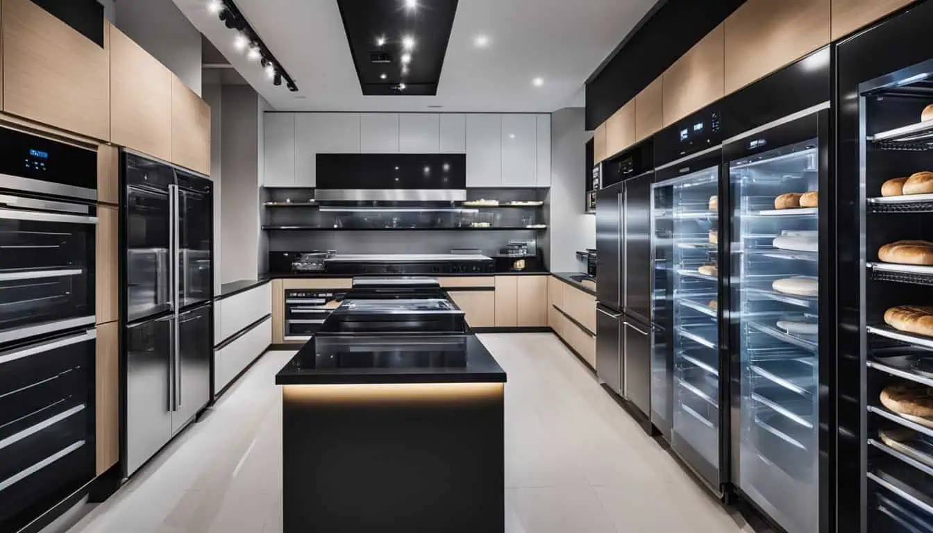 A stylish modern kitchen equipped with a refrigerator and oven, highlighting the latest in kitchen technology and aesthetics.