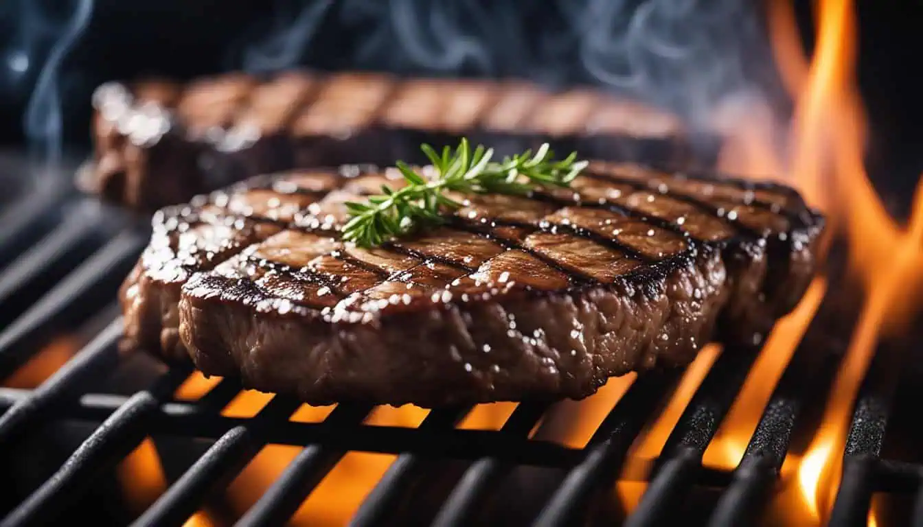 A perfectly grilled steak on the barbecue, enveloped in smoke and fire, representing Singapore's top steak dining experiences.