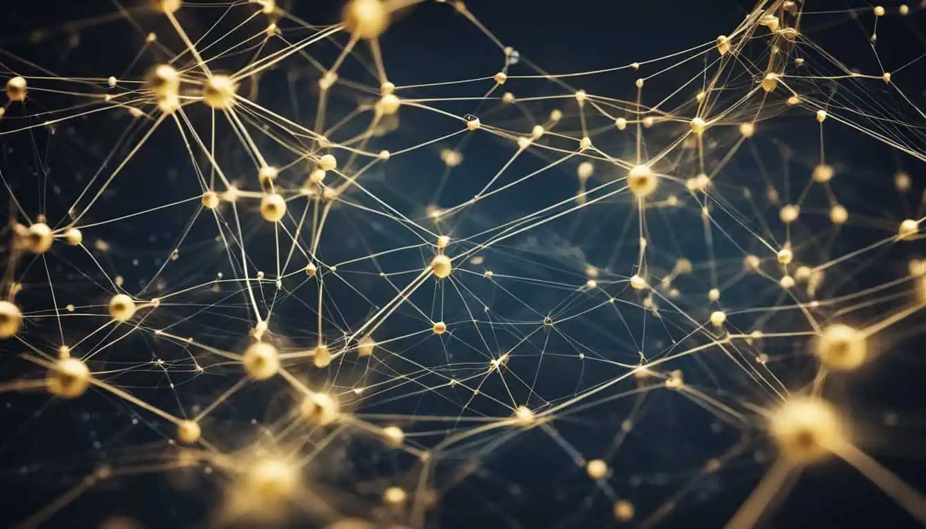 A network of gold dots on a dark background, symbolizing optimal telco coverage locations in Singapore.