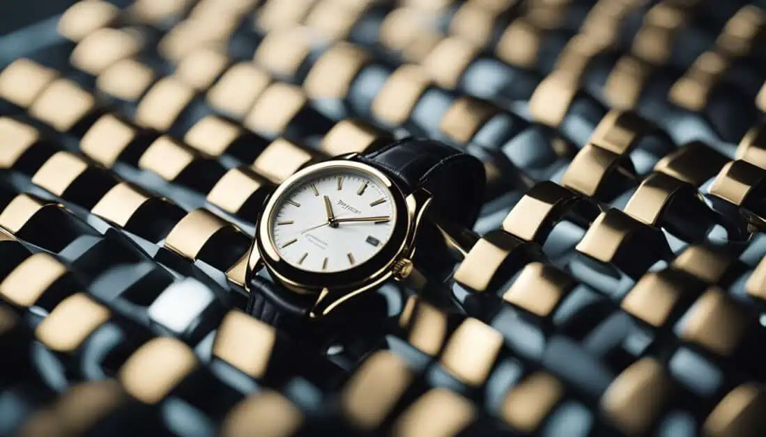 An elegant watch positioned on a black and gold backdrop, showcasing the premium watch selection in Singapore.