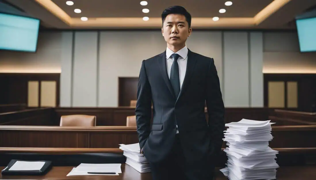 Asian criminal lawyer in a courtroom, surrounded by a stack of papers, representing legal proceedings in Singapore.