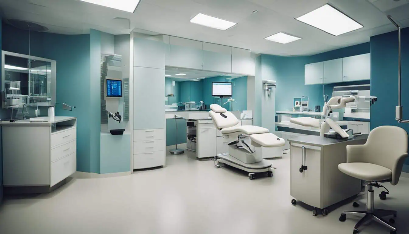 A podiatry clinic featuring a desk, chairs, and a computer, designed for patient consultations and treatment planning.