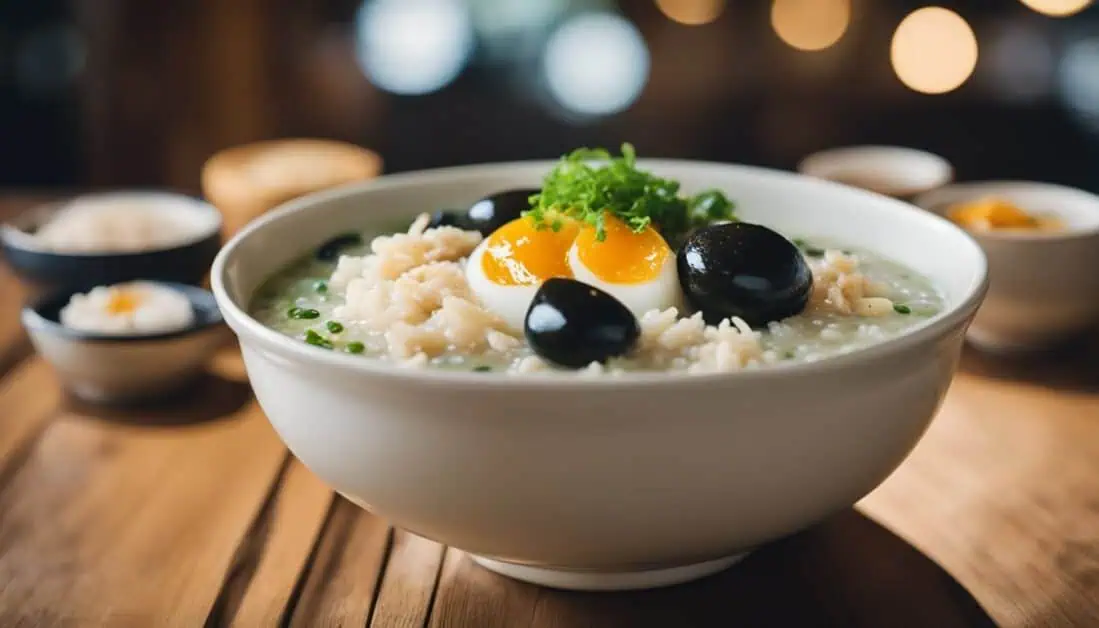 A bowl of rice topped with a fried egg and century eggs, showcasing a delightful dish from Singapore's best porridge.