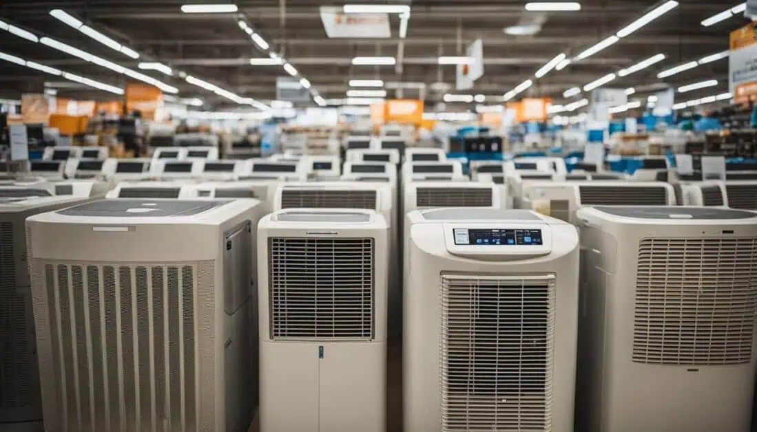 A store filled with numerous air conditioners, showcasing the best portable options available in Singapore.